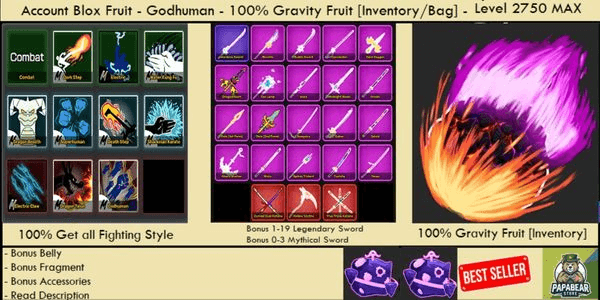 Gambar Product 100% Gravity Fruit [Inventory] - Godhuman - Level MAX - Blox Fruit Account