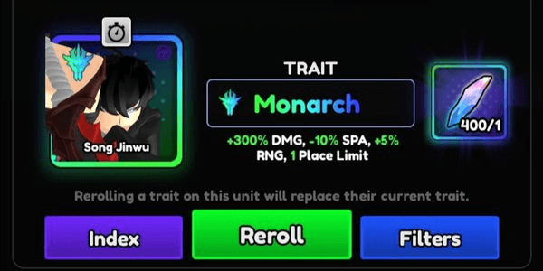 Gambar Product Starter Account Level 1 Monarch SJW + 400 Trait Rerolls - Anime Vanguard