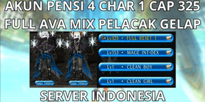 CONTA PENSI 4 CHAR 1 CAP NÍVEL MÁXIMO 325 SERVIDOR INDONÉSIA, FULL AVA MISTO PELACAK GELAP, PRONTA PARA USAR FULL RESET, VIA MQ, ANTI HACKBACK, SUPER BARATINHA