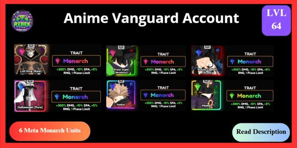 Gambar Product Account 6 Meta Monarch - Lich King (Vanguard), Broly (Vanguard), Shiny Luffy, Shiny Hollowseph, Itadori, Medea | Anime Vanguards