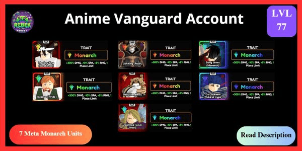 Gambar Product Account 7 Meta Monarch - Escanor (Vanguard), Lich King (Vanguard), Shiny Dio, Monkey King, Valentine, Song Jin Woo, Cu Chulainn | Anime Vanguards