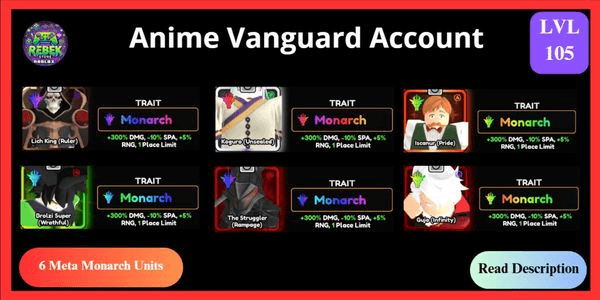 Gambar Product Account 6 Meta Monarch - Lich King (Vanguard), Escanor (Vanguard), Kaguya (Vanguard), Broly (Vanguard), The Struggler, Gojo | Anime Vanguards