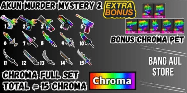 Gambar Product Akun Murder Mystery 2 | ✔️ Full Chroma Set x15 | ✔️ Bonus Pet