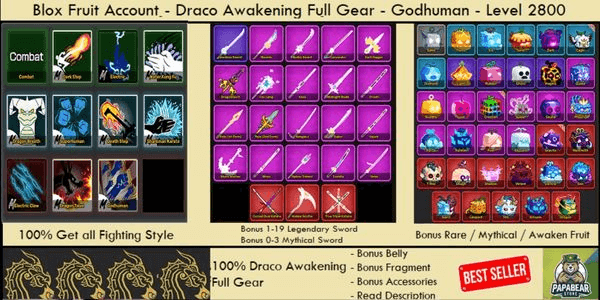 Gambar Product Akun Blox Fruit - Level MAX - Race DRACO V4 Full Gear - Godhuman - BONUS !!