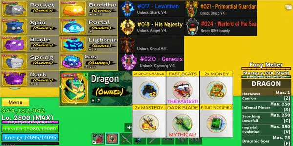 Gambar Product Akun Blox Fruits Dragon And 9 Lainnya & (Sword All Grade 1) And 5 Race V4 Bounty Hunter Gamepass All Gg Guys