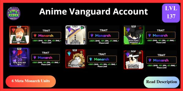 Gambar Product Account 6 Meta Monarch - Escanor (Vanguard), Broly (Vanguard), Kaguya (Vanguard), Shiny Song Jin Woo (Vanguard), Dio, Monkey King, VIP Gamepass