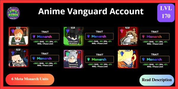 Gambar Product Account 6 Meta Monarch - Escanor (Vanguard), Broly (Vanguard), Shiny Dio, Shiny Luffy, Roku (Super 3), Newsman | Anime Vanguards