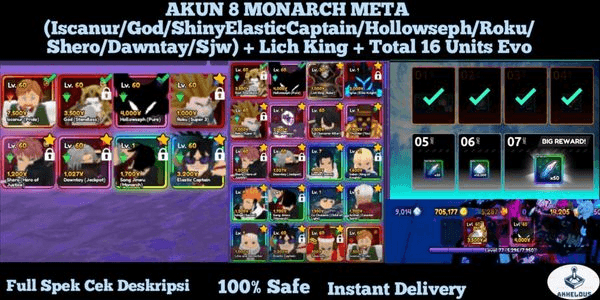 Gambar Product AKUN 8 MONARCH META (Iscanur/God/ShinyElasticCaptain/Hollowseph/Roku/Shero/Dawntay/Sjw) + Lich King + Total 16 Units Evo