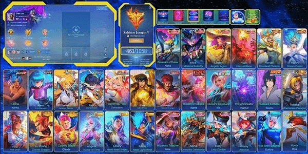 Gambar Product 460 SKINS | 4 LEGENDS | 3 COLLECTOR | 2 NARUTO | 2 KOF | 3 ASPIRANT | 2 PRIME | METRO IXIA | NEXUS THAMUZ | CHOU GOLD | 62 LIMITED & COLAB | 40 RARE |