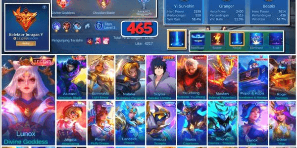 Gambar Product #3356 | 465 Skins | Legend Lunox Alucard | Collector Esmeralda Natalia | Sasuke | Exorcist Yu Zhong | Internal Moskov