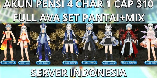 Gambar Product AKUN PENSI 4 CHAR 1 CAP MAX LVL 310 SERVER INDONESIA, FULL AVA SET PANTAI+MIX CANTIK, SIAP PAKAI+FULL RESET, NO MOD, ANTI HACKBACK, SUPER MURMER