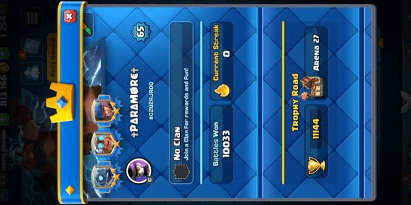 Gambar Product Lv.65 | King Tower 15 | Arena 27 | 11,144 Trophy | 17 Evo | 3 Max card | 24 Lv.15 | 110 Lv.14 | CnOn | 125 Emotes | Best Offers