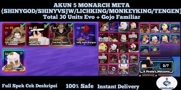 Gambar Product AKUN 5 MONARCH META (SHINY GOD/LICH KING/SHINY VSJW/MONKEY KING/TENGEN) + Gojo Evo with familiar + Total 30 Evo Units + Vip On