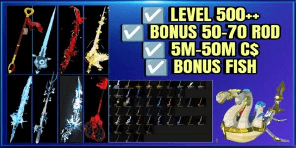 Gambar Product AKUN FISCH [ROD OF THE DEPHTS] [TRIDENT] [HEAVEN'S ROD] [DESTINY ROD] [PHOENIX ROD] LVL 100++ CS 1M-2M