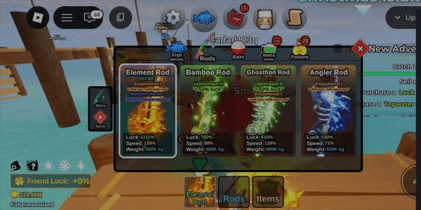 Gambar Product AKUN FISH IT! LVL 1105   RATA KANAN ELEMENT,GHOSTFIN,BAMBOO BAIT SINGU AETHER DLL BONUS BATU ENCHANT 2K+ COIN SISA 125M