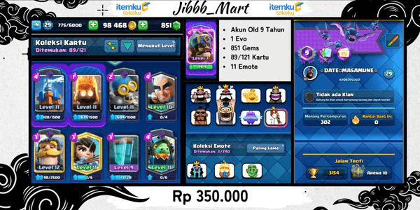 Gambar Product Akun Old 9 Tahun. 1 Evo. 851 Gems. 89/121 Kartu. 11 Emote