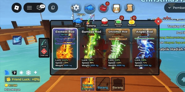 Gambar Product AKUN FISH IT! LVL 925 CHAUGHT  RATA KANAN ELEMENT,GHOSTFIN,BAMBOO BAIT SINGU AETHER DLL BONUS BATU ENCHANT 2K+ COIN SISA 97M