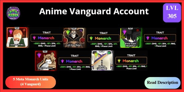 Gambar Product Account 5 Meta Monarch - Lich King (Vanguard), Escanor (Vanguard), Kaguya (Vanguard), Broly (Vanguard), Shiny Dio | Anime Vanguards