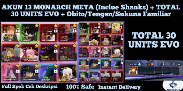 Gambar Product AKUN 13 MONARCH META (Inclue Shanks) + TOTAL 30 UNITS EVO + Obito/Tengen/Sukuna Familiar