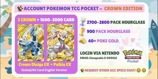 Gambar Product Akun Pokemon TCGP | Crown Dialga EX + Palkia EX + 1600-2000 Card | 2800+ Pack Hourglass