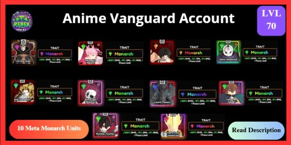 Gambar Product Account 10 Monarch - Lich King (Vanguard), Dio, Sukuna, Horsegirl, Blackhole, Lizard, Callasuba, Shiny Rummie, Obito, Vegeta | Anime Vanguards