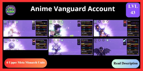 Gambar Product Account 6 Meta Monarch - Broly (Vanguard), Dio, The Falcon, Sukuna, Shiny Hollowseph, Shiny Lizard | Anime Vanguards