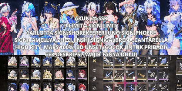 Gambar Product [SEA] 24 SSR 9 LIMIT 4 SIGN CARLOTTA SIGN, SHOREKEEPER, IUNO SIGN, PHOEBE SIGN, CAMELLYA, ZHEZI, JINSHI SIGN, GALBRENA, CANTARELLA, MAPS 100%, BD UNSET
