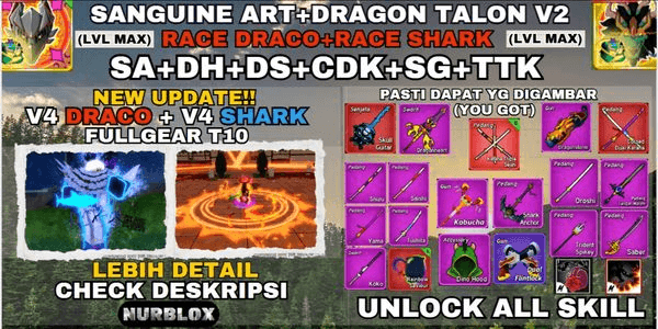 Gambar Product Blox Fruit Account V4 DRACO+V4 SHARK FULLGEART10 (Awakening) - SANGUINE ART+SHARKANCHOR+DH+DS+TTK+CDK+SG - {LVLMAX} UNLOCK ALL SKILL