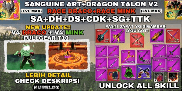 Gambar Product Akun Blox Fruit V4 DRACO+V4 MINK FULLGEART10 (Awakening) - SANGUINE ART+SHARKANCHOR+DH+DS+TTK+CDK+SG - {LVLMAX} UNLOCK ALL SKILL