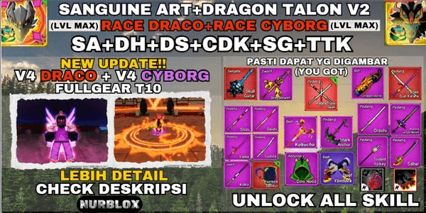 Gambar Product Blox Fruit Account V4 DRACO+V4 CYBORG FULLGEART10 (Awakening) - SANGUINE ART+SHARKANCHOR+DH+DS+TTK+CDK+SG - {LVLMAX} UNLOCK ALL SKILL