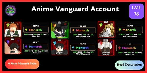 Gambar Product Account 6 Meta Monarch - Escanor (Vanguard), Broly (Vanguard), Sukuna (Vanguard Familiar), Dio, Unstable, The Falcon | Anime Vanguards