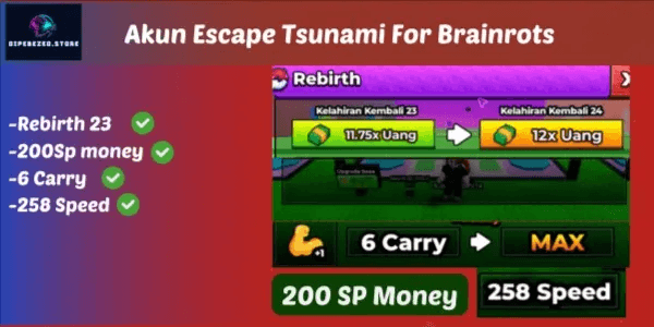 Akun Escape Tsunami For Brainrots Rebirth 20 (Max) | 50sx money | 6 Carry