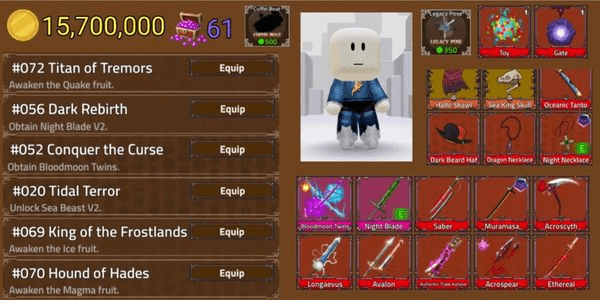 Gambar Product Akun King Legacy - Night Blade - Bloodmoon Twins - Acrospear - Legacy Pose - Gate Fruit - Toy Fruit