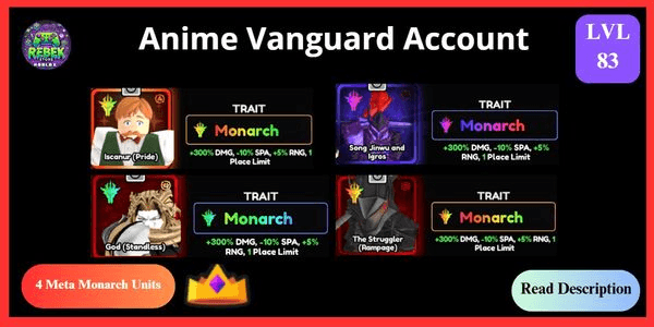 Gambar Product Account 4 Meta Monarch - Escanor (Vanguard), Song Jin Woo (Vanguard), Dio, The Struggler, VIP Gamepass | Anime Vanguards