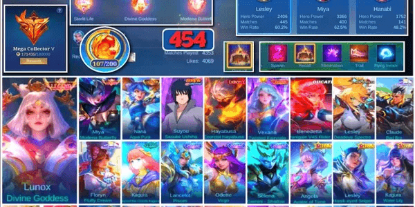 #3546 | 454 Skins | Legend Lunox Miya | Collector Nana | Sasuke | Exorcist Hayabusa | Zenith Vexana | Ducati