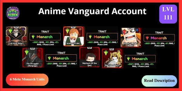 Gambar Product Account 6 Meta Monarch - Lich King (Vanguard), Escanor (Vanguard), Shanks (Monarch Passive), Dio, Luffy, The Struggler | Anime Vanguards