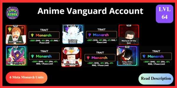 Gambar Product Account 6 Meta Monarch - Ice Queen (Vanguard), Escanor (Vanguard), Shanks, Shiny Rabbit Hero, World Destroyer, Song Jin Woo + Vanguard Memoria