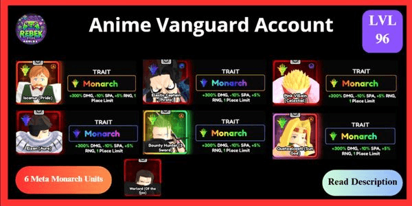 Gambar Product Account 6 Meta Monarch - Escanor (Vanguard), Luffy, Pink Villain, Aizen, Quetzalcoatl, Bounty Hunter, Shanks (Monarch Passive) | Anime Vanguards