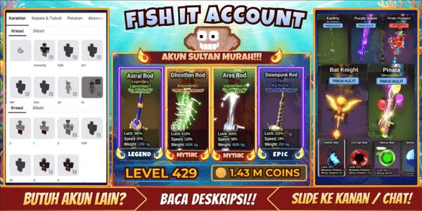 Gambar Product SKIN SULTAN FISH IT Lvl 429 + MYTHIC Ghostfinn Rod + MYTHIC Ares Rod + LEGENDARY Astral Rod + EPIC Steampunk Rod + EPIC Pirate Octopus + 1M+ Gold