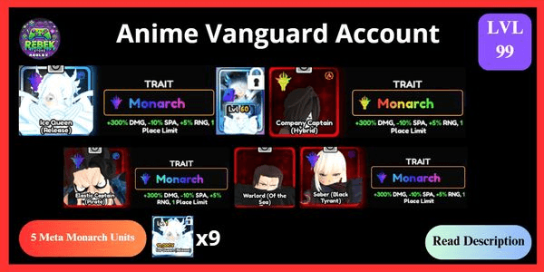 Gambar Product Account 5 Meta Monarch - Ice Queen (Vanguard), Shiny Luffy, Company Captain, Saber, Shanks + Vanguard Memoria | Anime Vanguards