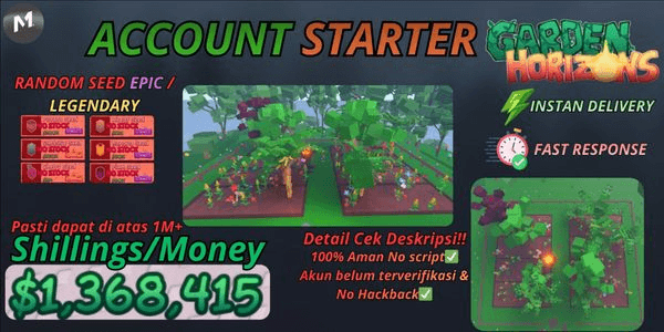 Gambar Product Akun 1M Money + Seed Random Epic/Legendary - Garden Horizons