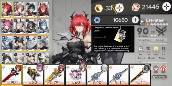 Gambar Product End Game Lv54 | 7 SSR Premium Yvonne T1, Laevatain + Sign, Ember T1, Ardelia T1, 21445 Diamonds + 10000 Weapon Gacha, Selector 6 Star