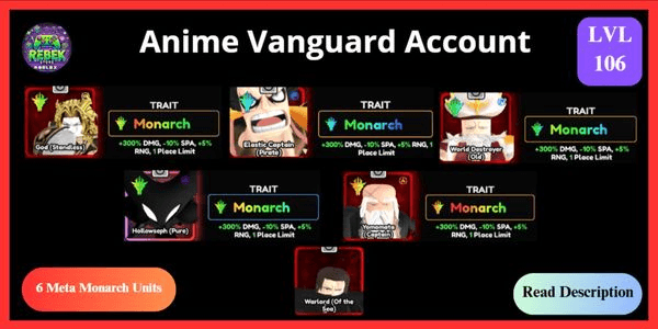 Gambar Product Account 6 Meta Monarch - Shiny Dio, Luffy, White Beard, Hollowseph, Yomomata, Shanks (Monarch Passive) | Anime Vanguards