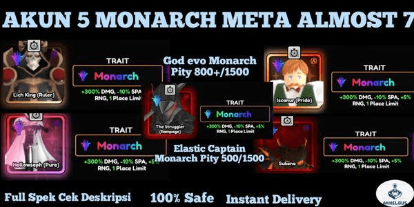 Gambar Product AKUN 5 MONARCH META ALMOST 7 (LICHKING/ISCANUR/SHINYHOLLOWSEPH/SUKUNA/THESTRUGGLER) + god monarch pity 800+ + Luffy Pity Monarch 500