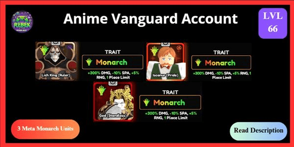 Gambar Product Account 3 Meta Monarch - Lich King (Vanguard), Escanor (Vanguard), Dio | Anime Vanguards