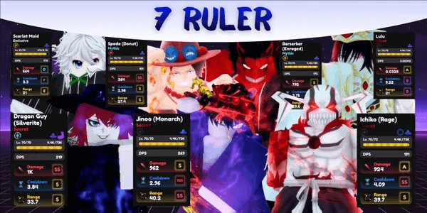 Account 7 Ruler + 481 Trait Rerolls (Jinoo, Ichiko, Shiny Dragon Guy, Shiny Lulu, Shiny Scarlet Maid, Berserker, Spade) - Universal Tower Defense
