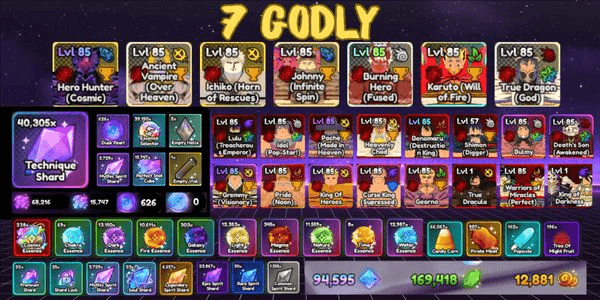 Gambar Product Akun 7 Godly, 23 Glitch, 40K Technique Shard, 600 Dusk Pearl - Anime Last Stand