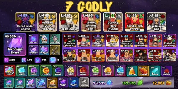 Akun 7 Godly, 23 Glitch, 40K Technique Shard, 600 Dusk Pearl - Anime Last Stand