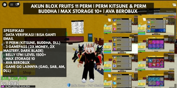 Gambar Product Blox Fruits Sultan Account 16 Perm | Perm Kitsune & Perm Buddha | 10+ Fruit Storage | Ava Berobux