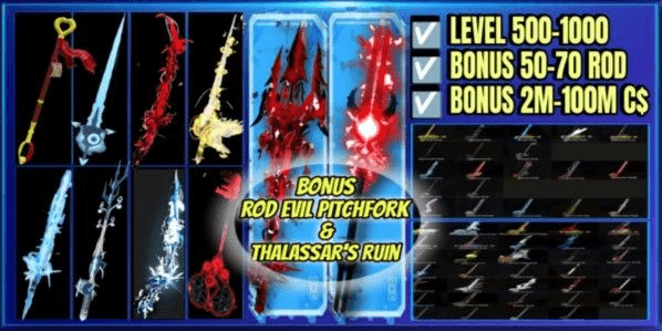 Gambar Product AKUN FISCH [ROD OF THE DEPHTS] [TRIDENT] [HEAVEN'S ROD] [DESTINY ROD] [PHOENIX ROD] LVL 100++ CS 1M-2M